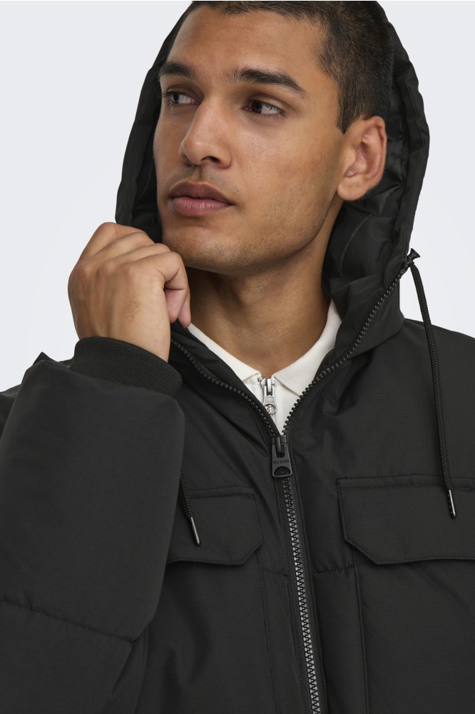 Only & Sons zwarte heren jas | Close up