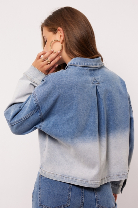 Fluresk blauwe dames jas | Model achteraanzicht