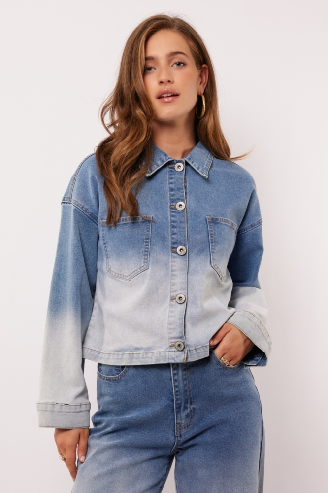 Fluresk blauwe dames jas | Model vooraanzicht
