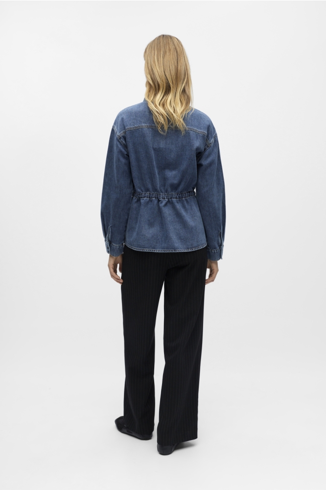 Object blauwe dames jas | Model achteraanzicht