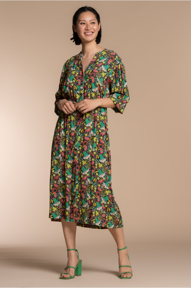 MIDI JURK MINIMAL FLORAL PRINT 37116 20 Navy/Sea green combi