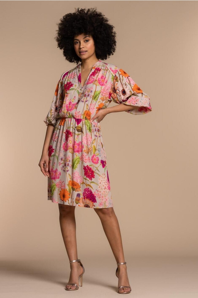 MIDI JURK MET KLEURRIJKE FLOWERPRINT 37137 20 Sand/Pink combi