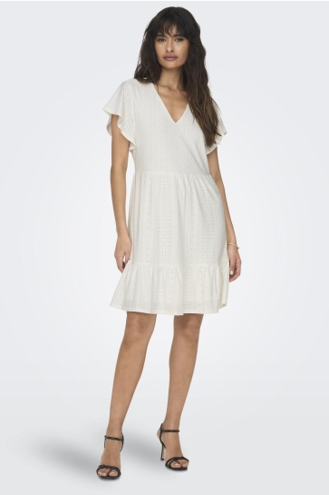 Only Jurk ONLSANDRA S/S V-NECK DRESS JRS 15289687 Cloud Dancer