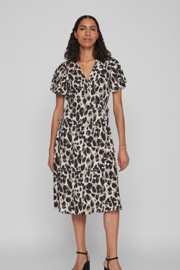 Vila Jurk VILOVIE S/S WRAP MIDI DRESS/SU - NO 14059666 BIRCH/ASTRID