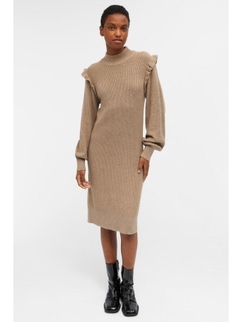 Object Jurk OBJMALENA L/S RUFFLE KNIT DRESS NOOS 23043056 Fossil/MELANGE