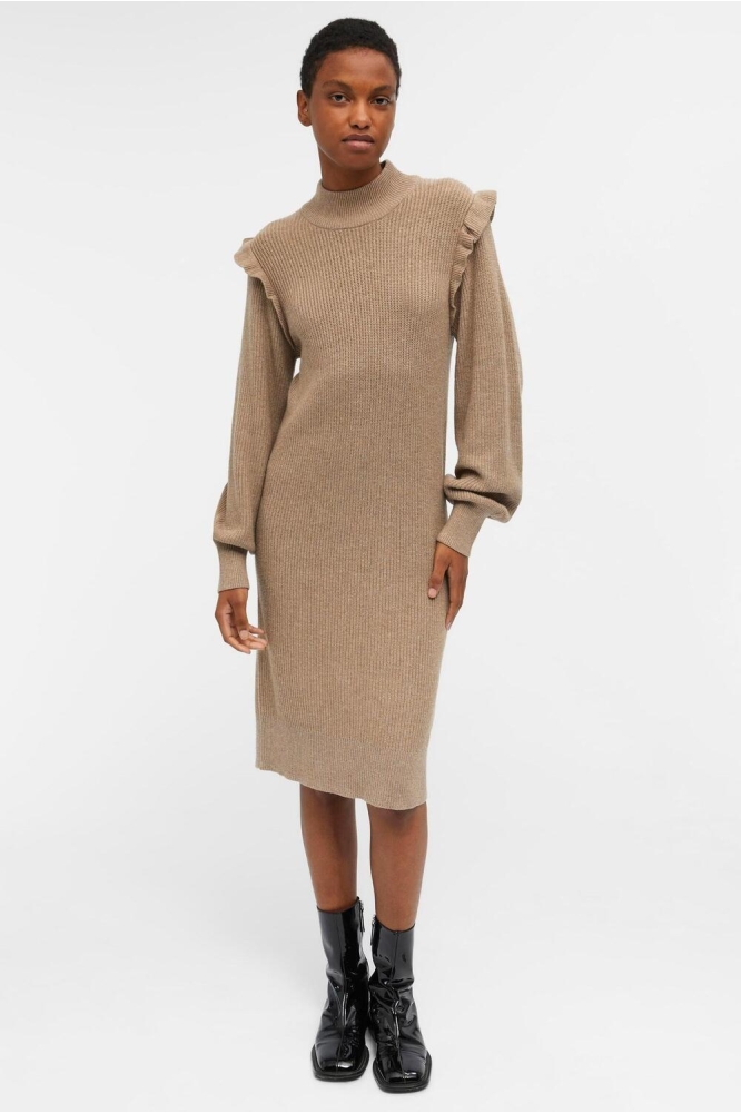 OBJMALENA L/S RUFFLE KNIT DRESS NOOS 23043056 Fossil