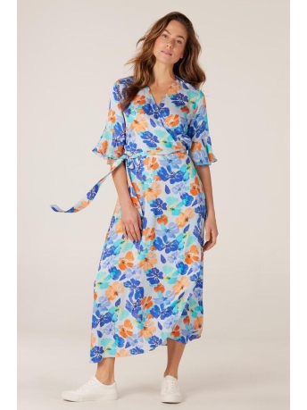 Juffrouw Jansen Jurk MARLENE SS24 WP549 PRINTED LONG WRAP DRESS 000037 MULTI ORANGE BLUE