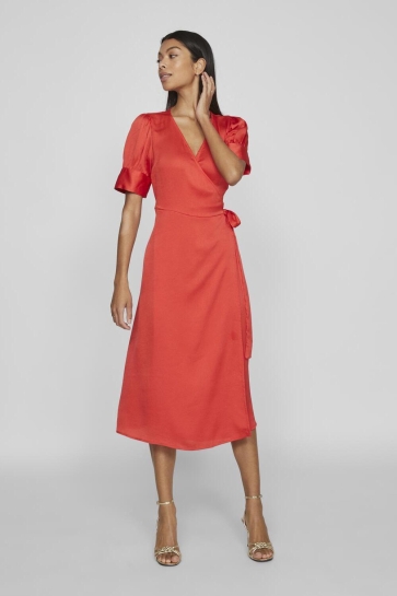 Vila Jurk VINARIA S/S WRAP MIDI DRESS/DC/SU 14083215 POPPY RED