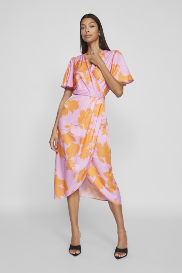 Vila Jurk VINAKITA V-NECK WRAP MIDI DRESS/DC 14096315 ORANGER FLOWER