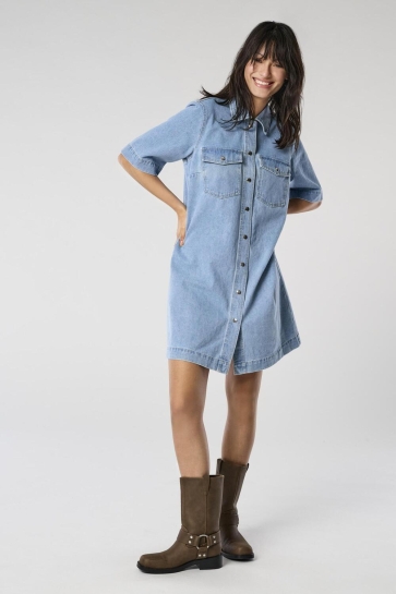 Only Jurk ONLBELLE S/S BUTTON DRESS DNM GUA N 15324384 LIGHT BLUE DENIM