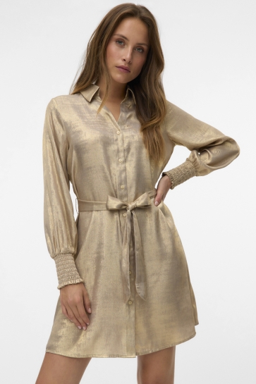 Vero Moda Jurk VMAMALIA LS SHIRT BELT DRESS EXP 10340938 GOLD COLOUR