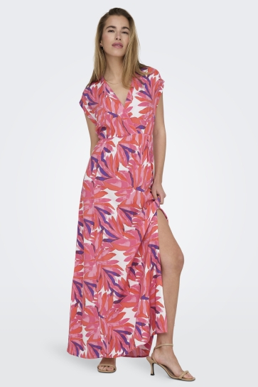 Only Jurk ONLMINDY S/S V-NECK MAXI DRESS WVN 15359140 CLOUD DANCER/VIVID TROPIC