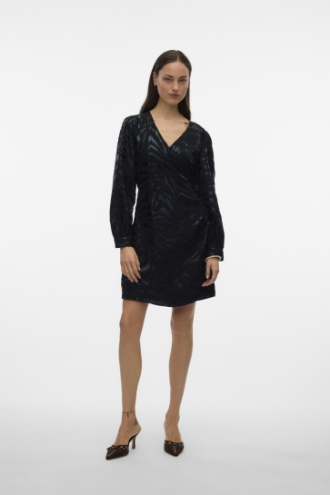Vero Moda Jurk VMCARLA FOIL L/S SHORT WRAP DRESS W 10335942 BLACK/BLACK ZEBRA FOIL