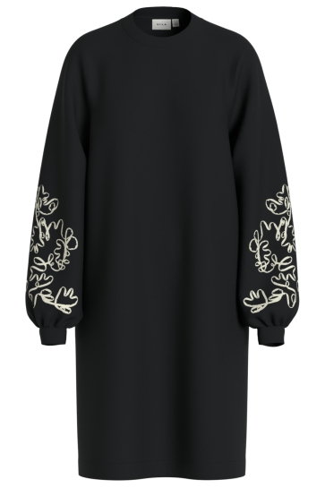 Vila Jurk VISIFFI EMB O-NECK L/S SWEAT DRESS/ 14113170 BLACK BEAUTY/EMB BIRCH