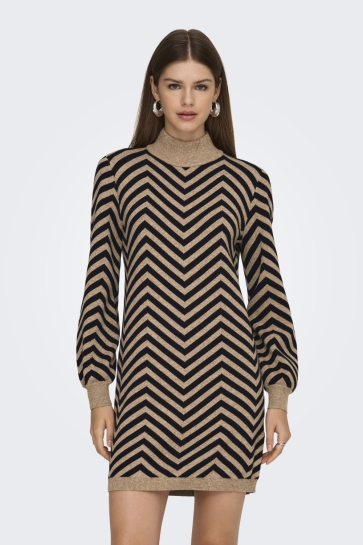 Only Jurk ONLJULIA LS HIGHNECK PATTERN DRESS 15366284 TOASTED COCONUT/BLACK
