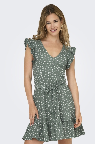 Only Jurk ONLHILLARY V NECK BELT DRESS CS OX 15360716 BALSAM GREEN/ANN FLOWER