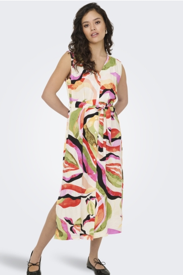 Jacqueline de Yong Jurk JDYLUMI S/S MIDI SHIRT DRESS WVN 15351621 CLOUD DANCER/MULTI ABST