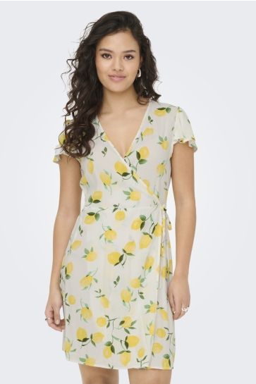 Jacqueline de Yong Jurk JDYSEZEN LIFE S/S WRAP DRESS WVN DI 15351572 CLOUD DANCER/LEMON