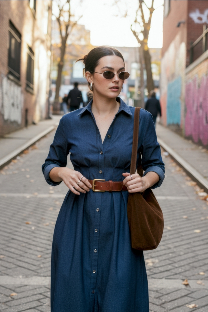 Hypedrop blauwe dames jurk | Model vooraanzicht