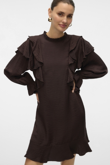 Vero Moda Jurk VMLIZZI LS SHORT FLOUNCE DRESS WVN 10335460 CHOCOLATE TORTE