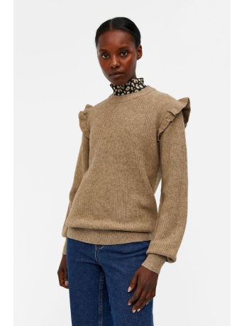 Object Trui OBJMALENA L/S RUFFLE PULLOVER NOOS 23039233 FOSSIL/MELANGE