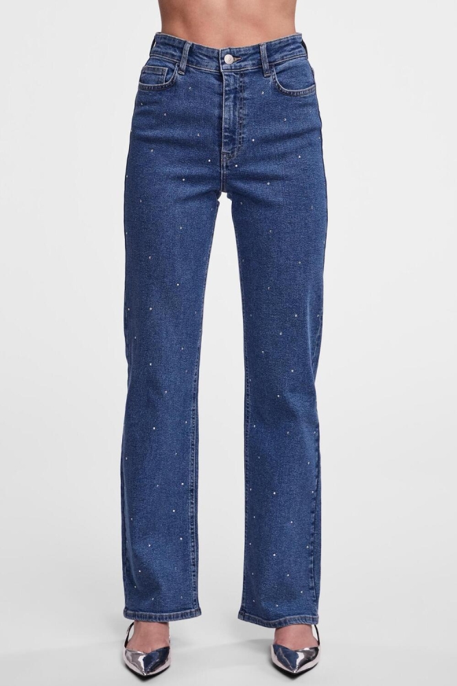 PCSIFFI HW WIDE RHINESTONE JEANS 17144834 Medium Blue Den/Rinestones