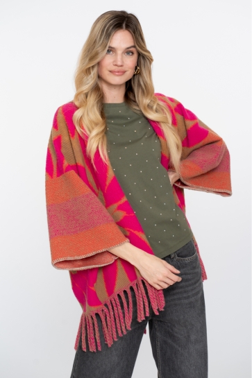 Geisha Vest KLEURRIJKE PONCHO MET FRANJES 54546 20 CAMEL FUCHSIA