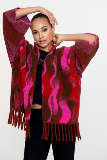 Geisha Vest PONCHO MET SWIRLPRINT EN FRANJES 54545 20 BROWN/RED