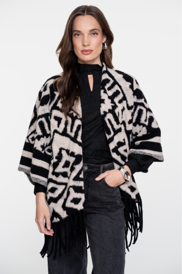 Geisha Vest JACQUARD PONCHO MET FRANJES 55537 70 BLACK/SAND