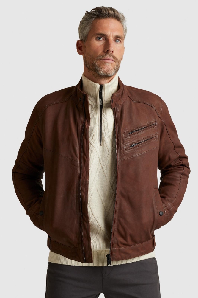 Vanguard cognac heren leren jas | Model vooraanzicht